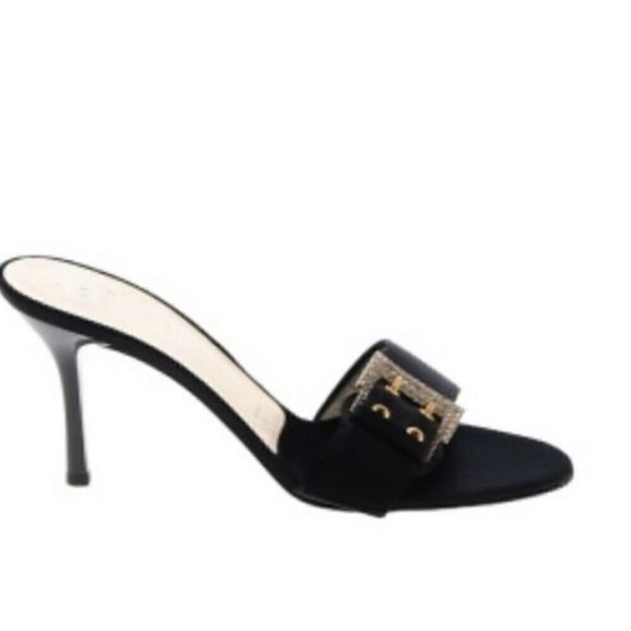 St. John Odessa Satin Mules, Crystal Buckle Black & Gold Heels | 8B - Picture 13 of 14